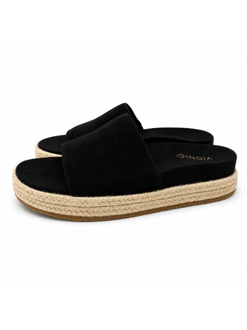 Vionic Yasmina Supportive Black Suede Platform Sandals Womens 8 Comfort Slides